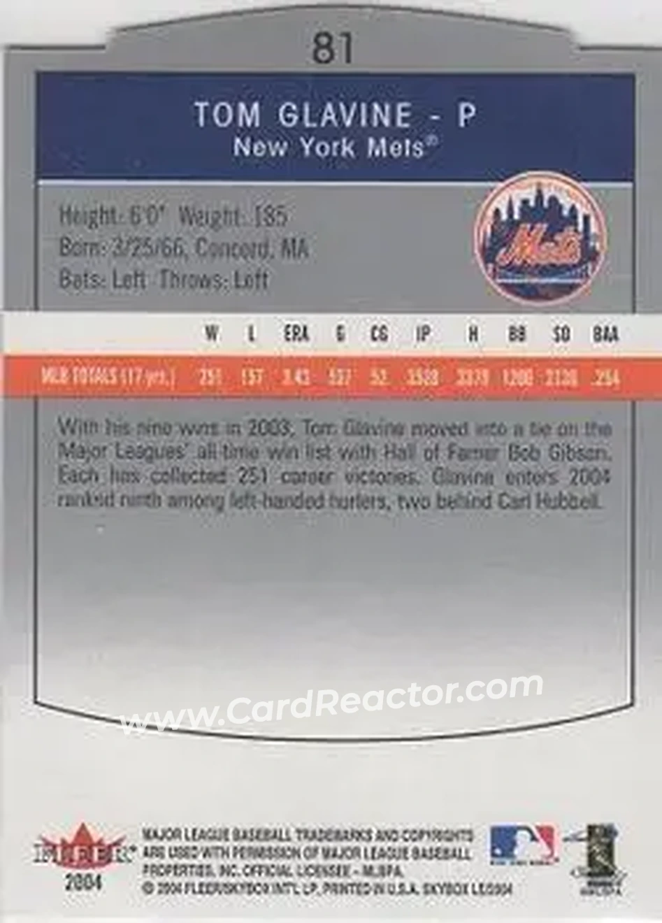 2004 SkyBox LE #81 - Tom Glavine - New York Mets - Back 2004 SkyBox LE #81 - Tom Glavine - New York Mets - Back