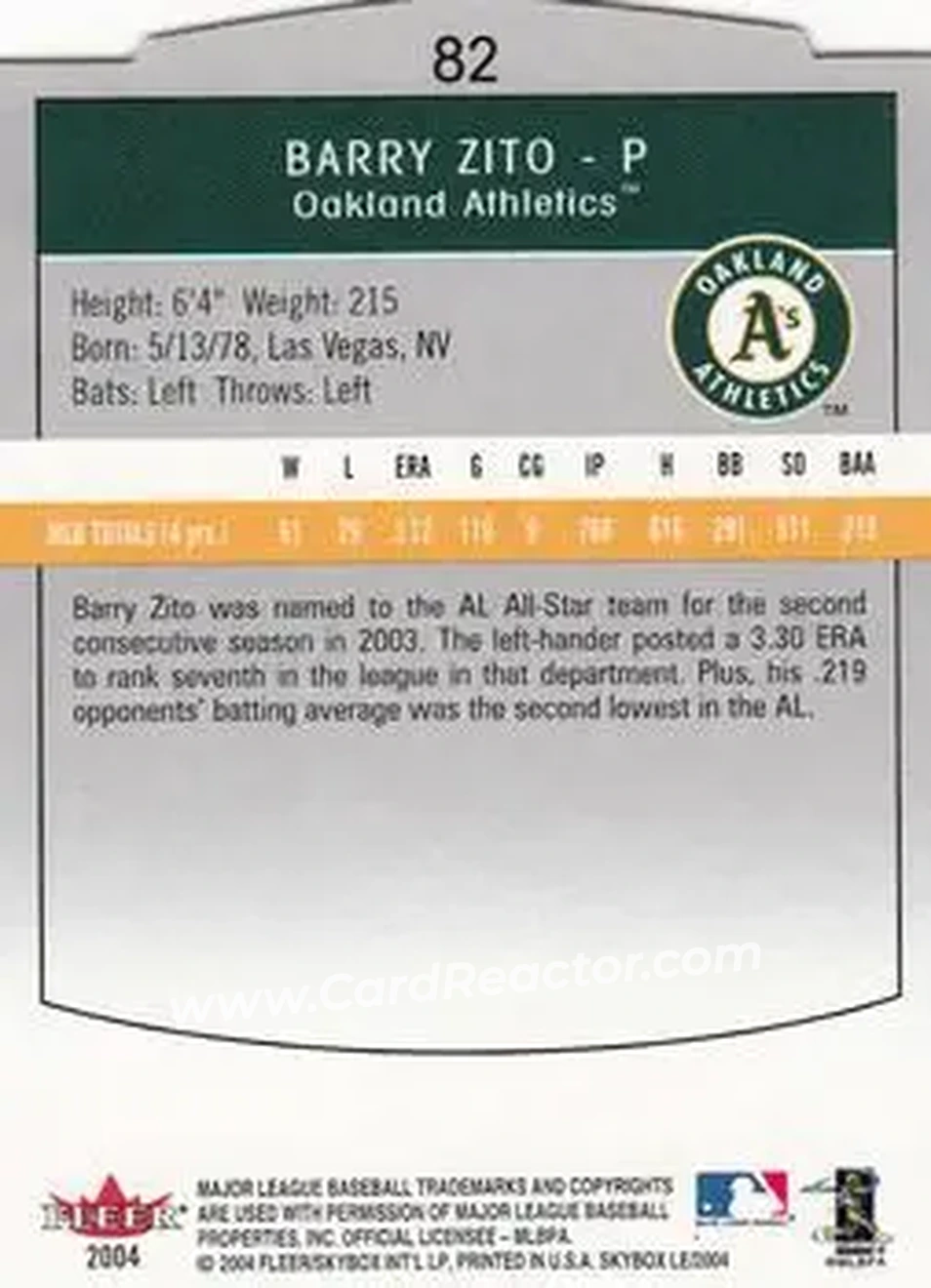 2004 SkyBox LE #82 - Barry Zito - Oakland Athletics - Back