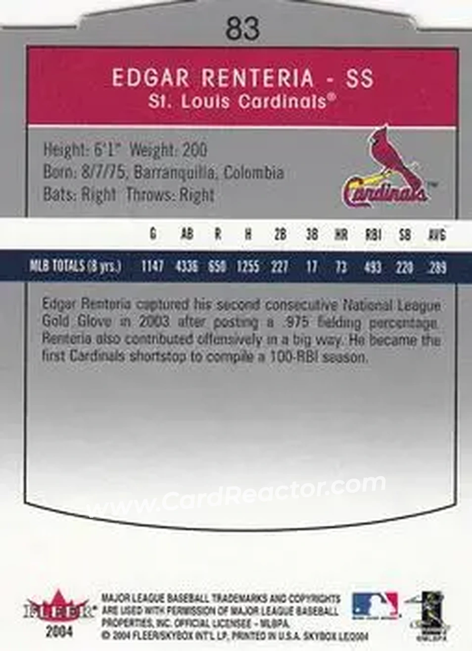 2004 SkyBox LE #83 - Edgar Renteria - St. Louis Cardinals - Back