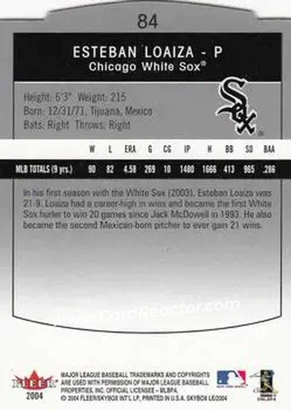 2004 SkyBox LE #84 - Esteban Loaiza - Chicago White Sox - Back
