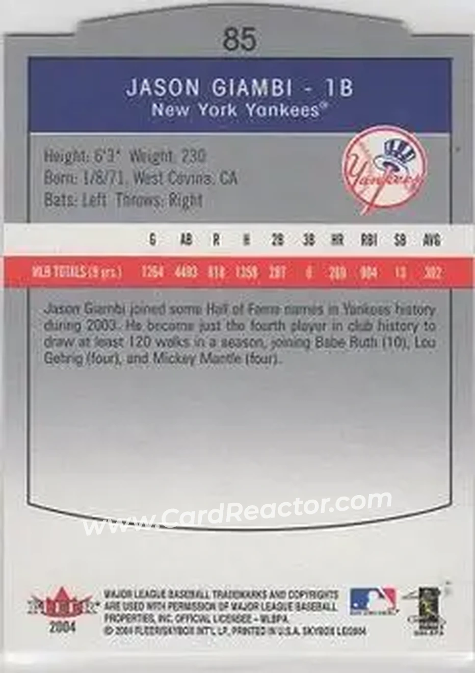 2004 SkyBox LE #85 - Jason Giambi - New York Yankees - Back 2004 SkyBox LE #85 - Jason Giambi - New York Yankees - Back