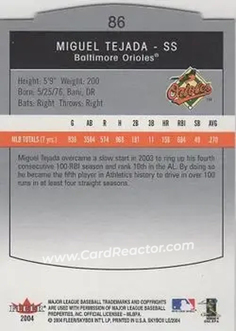 2004 SkyBox LE #86 - Miguel Tejada - Baltimore Orioles - Back 2004 SkyBox LE #86 - Miguel Tejada - Baltimore Orioles - Back