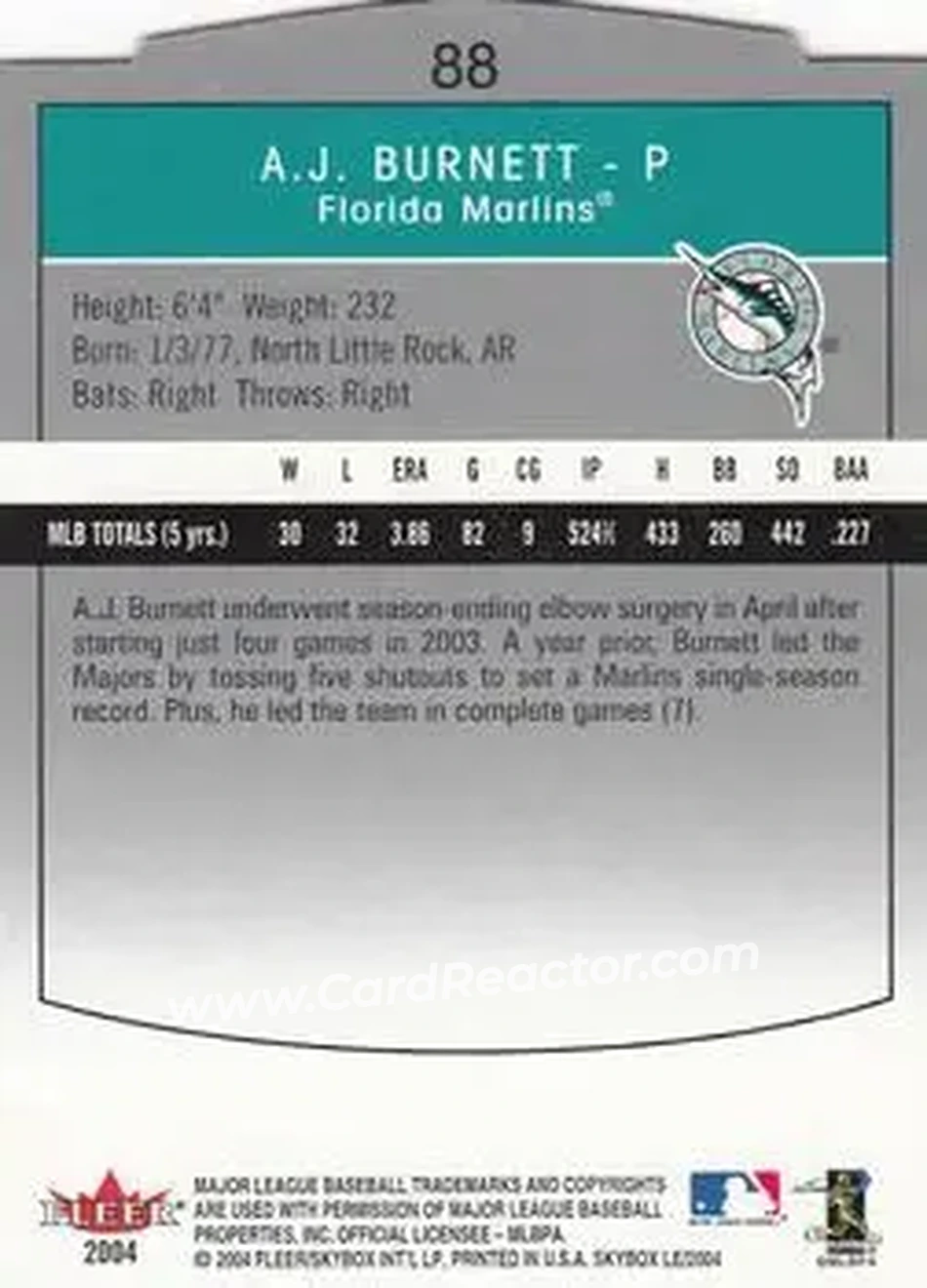 2004 SkyBox LE #88 - A.J. Burnett - Florida Marlins - Back