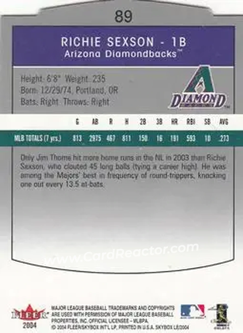 2004 SkyBox LE #89 - Richie Sexson - Arizona Diamondbacks - Back