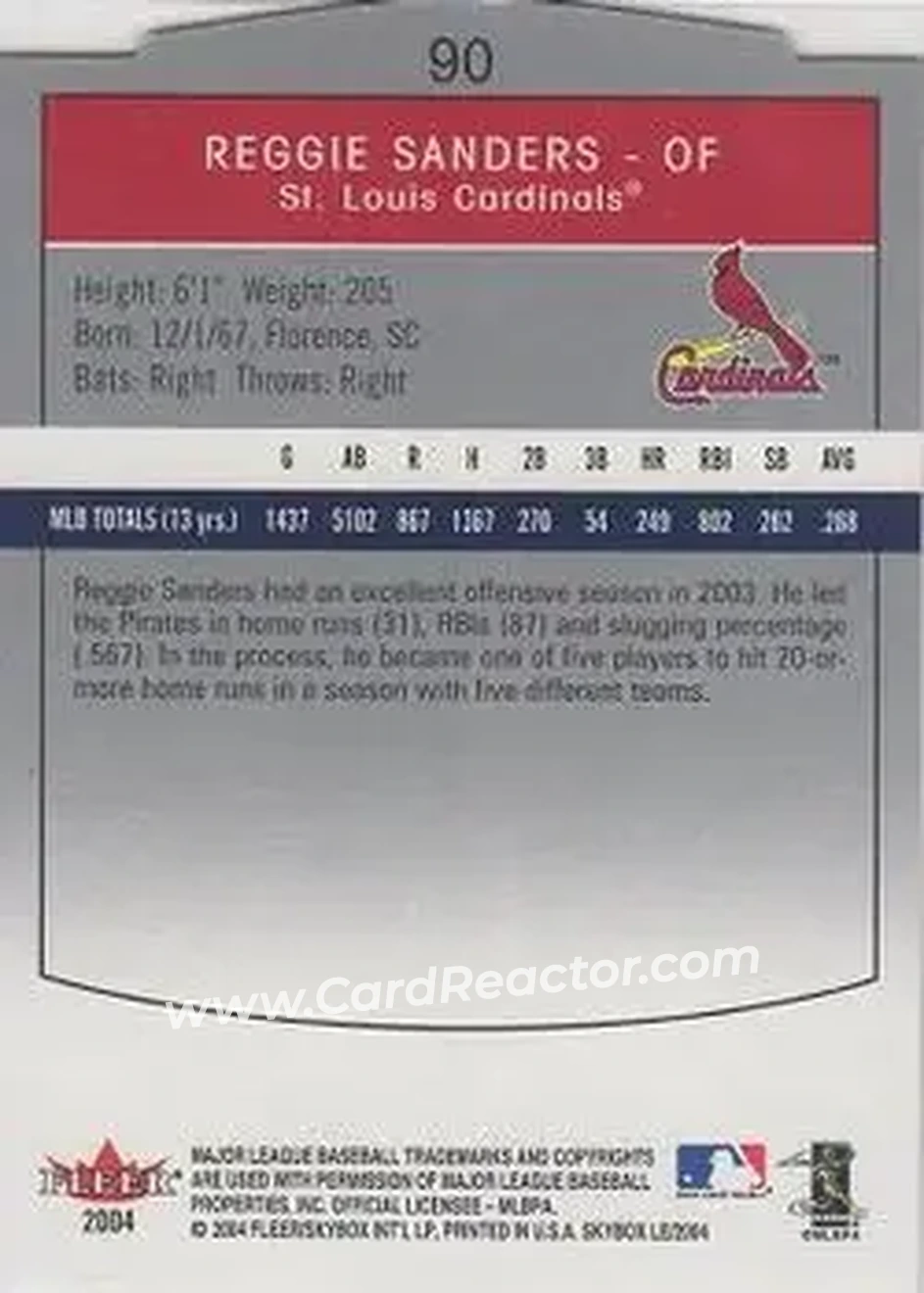 2004 SkyBox LE #90 - Reggie Sanders - St. Louis Cardinals - Back 2004 SkyBox LE #90 - Reggie Sanders - St. Louis Cardinals - Back