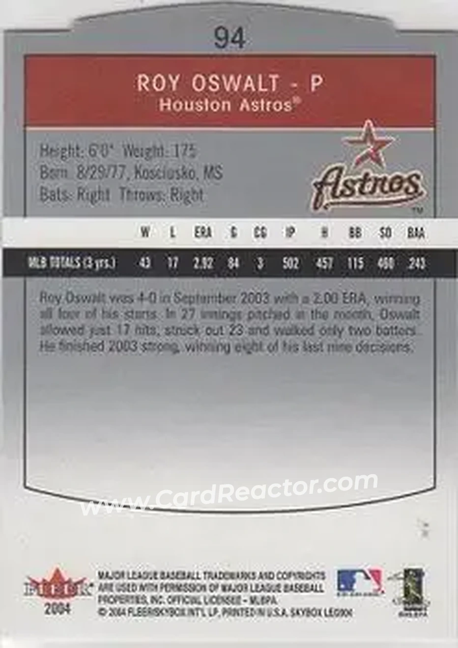 2004 SkyBox LE #94 - Roy Oswalt - Houston Astros - Back