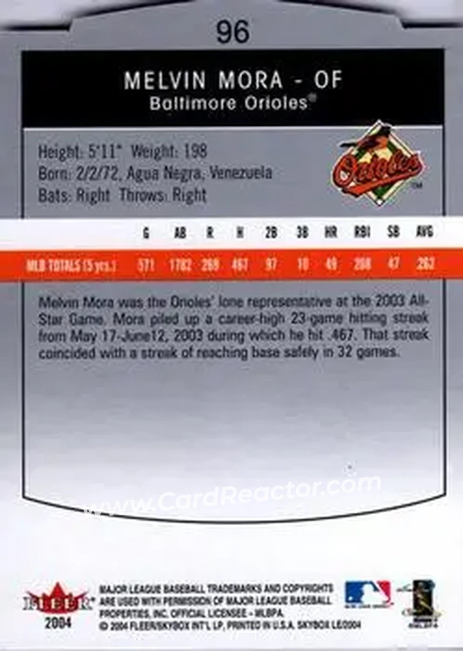2004 SkyBox LE #96 - Melvin Mora - Baltimore Orioles - Back