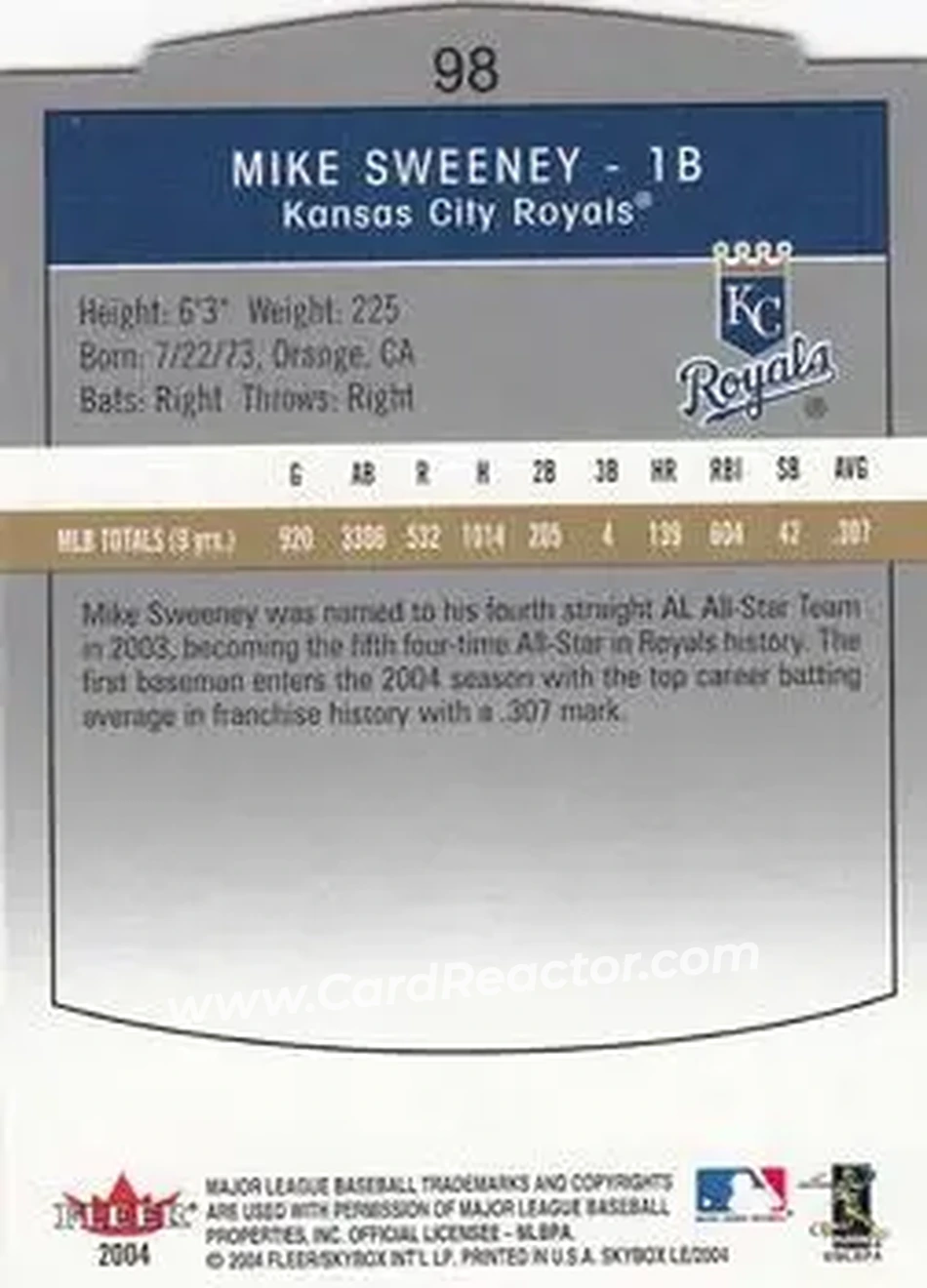 2004 SkyBox LE #98 - Mike Sweeney - Kansas City Royals - Back