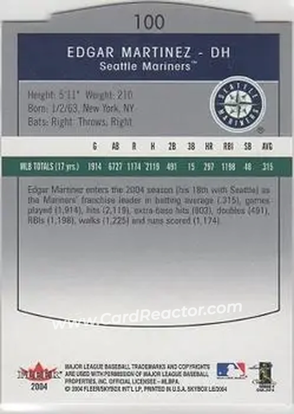 2004 SkyBox LE #100 - Edgar Martinez - Seattle Mariners - Back 2004 SkyBox LE #100 - Edgar Martinez - Seattle Mariners - Back
