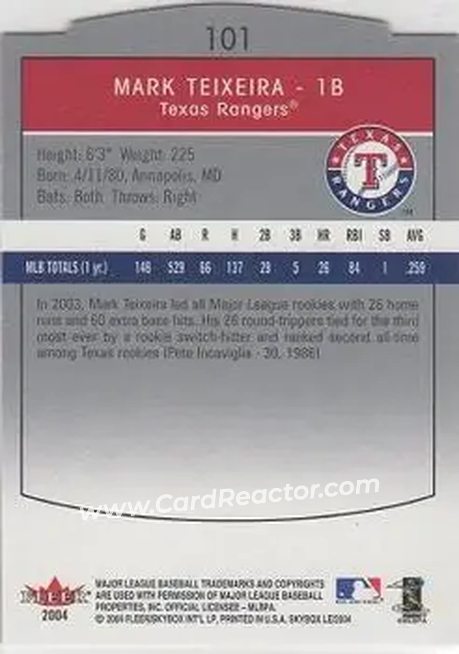 2004 SkyBox LE #101 - Mark Teixeira - Texas Rangers - Back 2004 SkyBox LE #101 - Mark Teixeira - Texas Rangers - Back