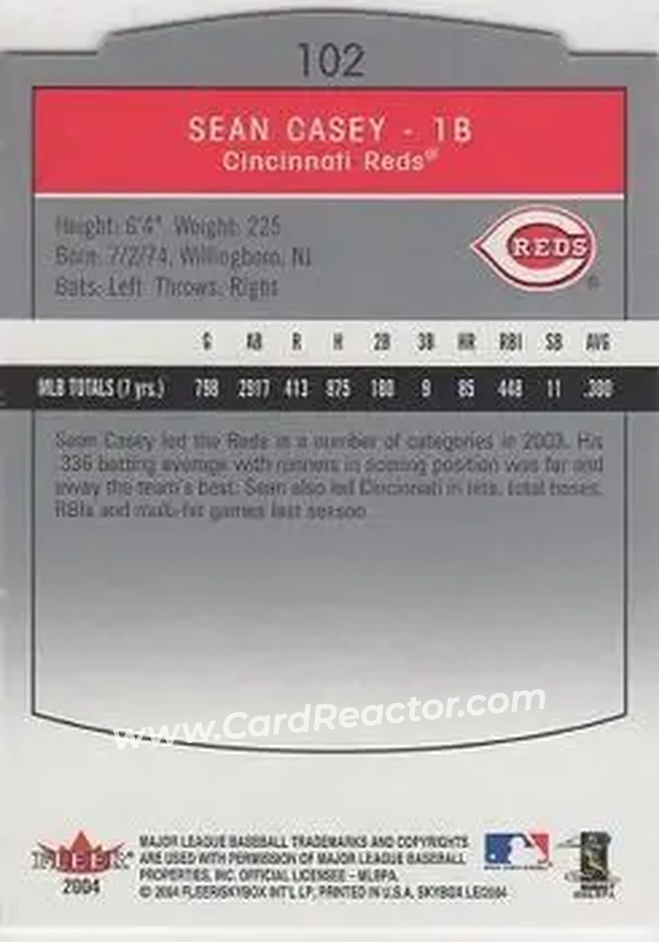 2004 SkyBox LE #102 - Sean Casey - Cincinnati Reds - Back