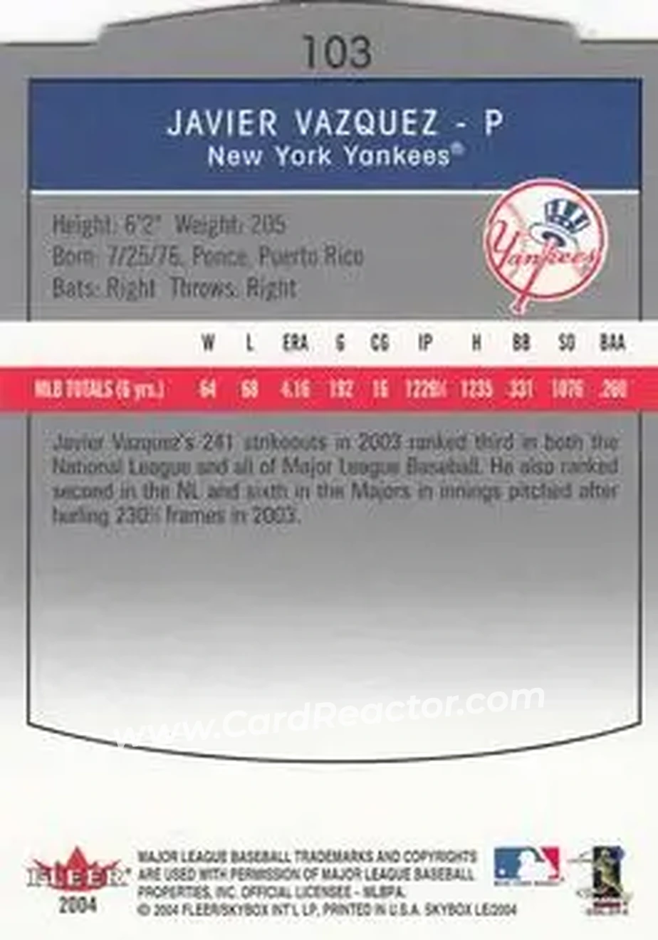 2004 SkyBox LE #103 - Javier Vazquez - New York Yankees - Back
