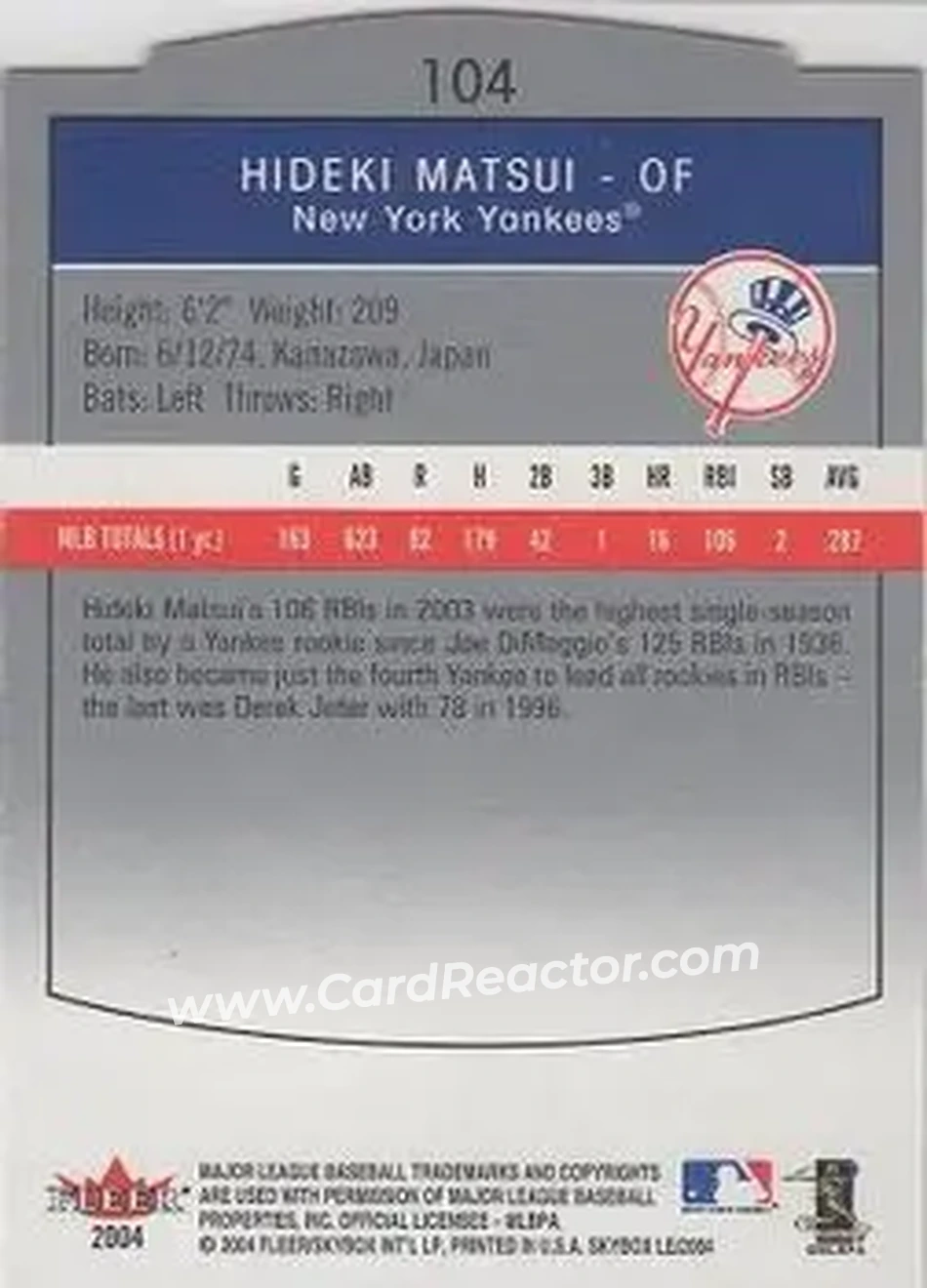 2004 SkyBox LE #104 - Hideki Matsui - New York Yankees - Back 2004 SkyBox LE #104 - Hideki Matsui - New York Yankees - Back