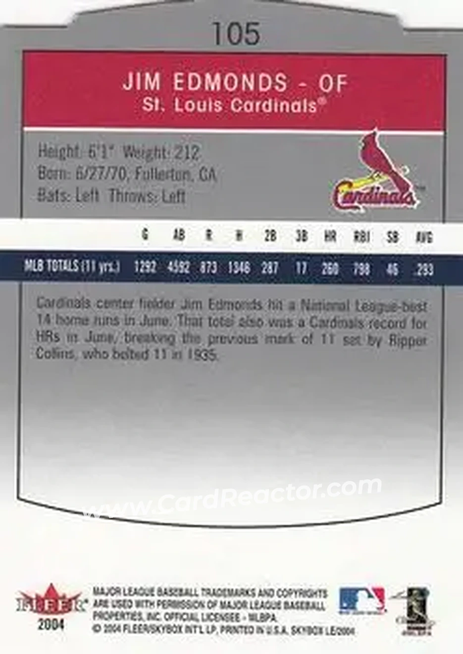 2004 SkyBox LE #105 - Jim Edmonds - St. Louis Cardinals - Back 2004 SkyBox LE #105 - Jim Edmonds - St. Louis Cardinals - Back