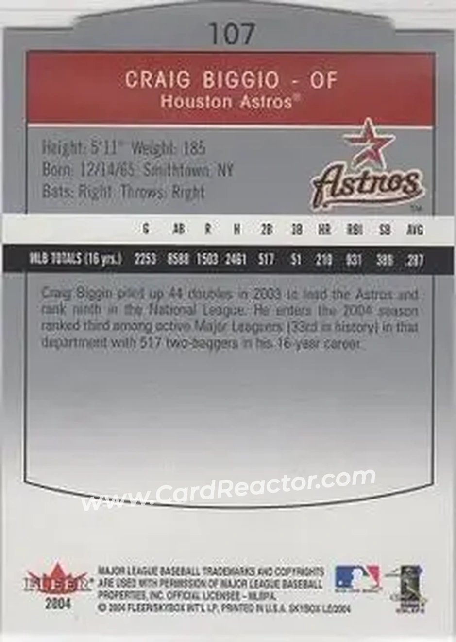 2004 SkyBox LE #107 - Craig Biggio - Houston Astros - Back