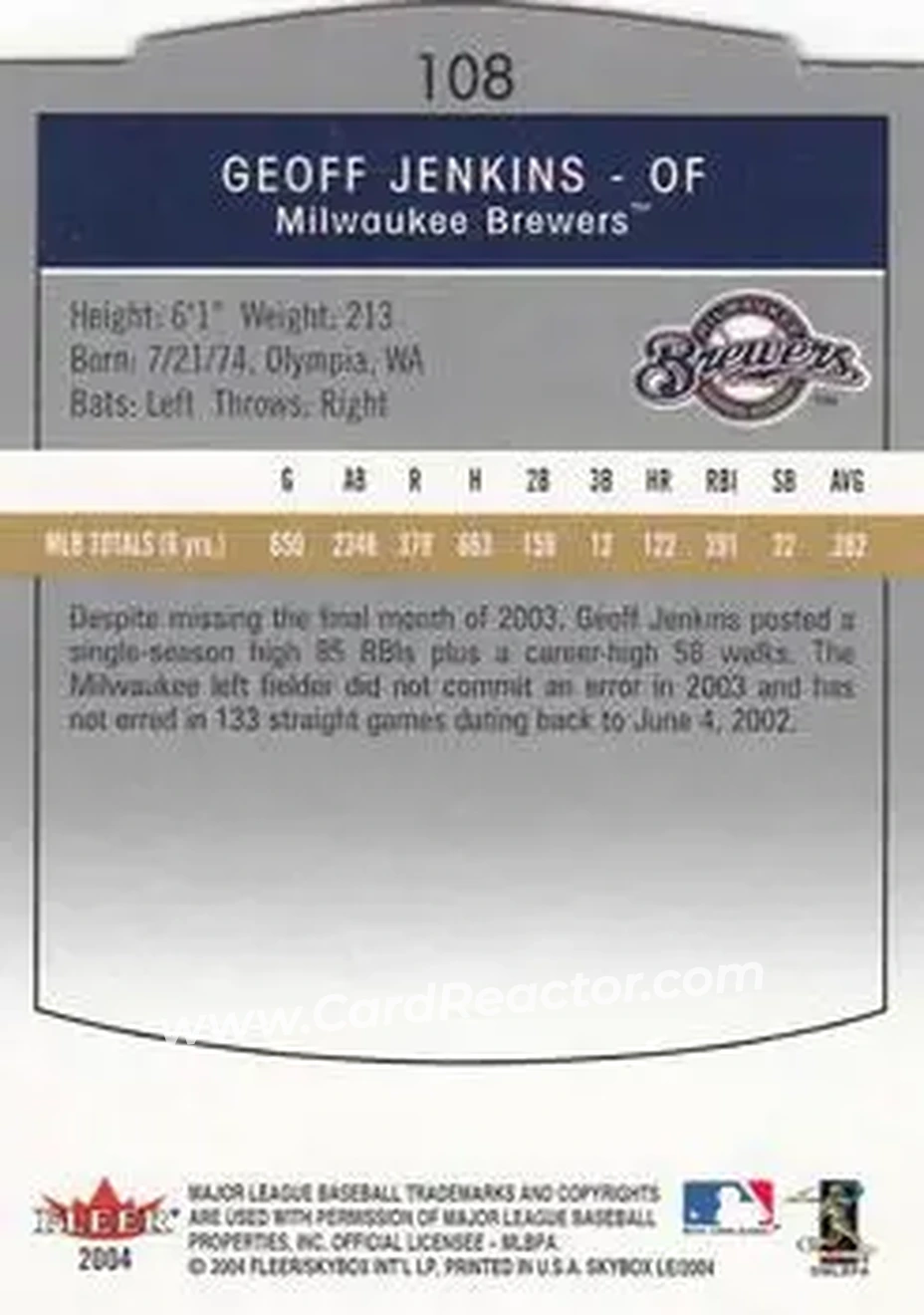 2004 SkyBox LE #108 - Geoff Jenkins - Milwaukee Brewers - Back