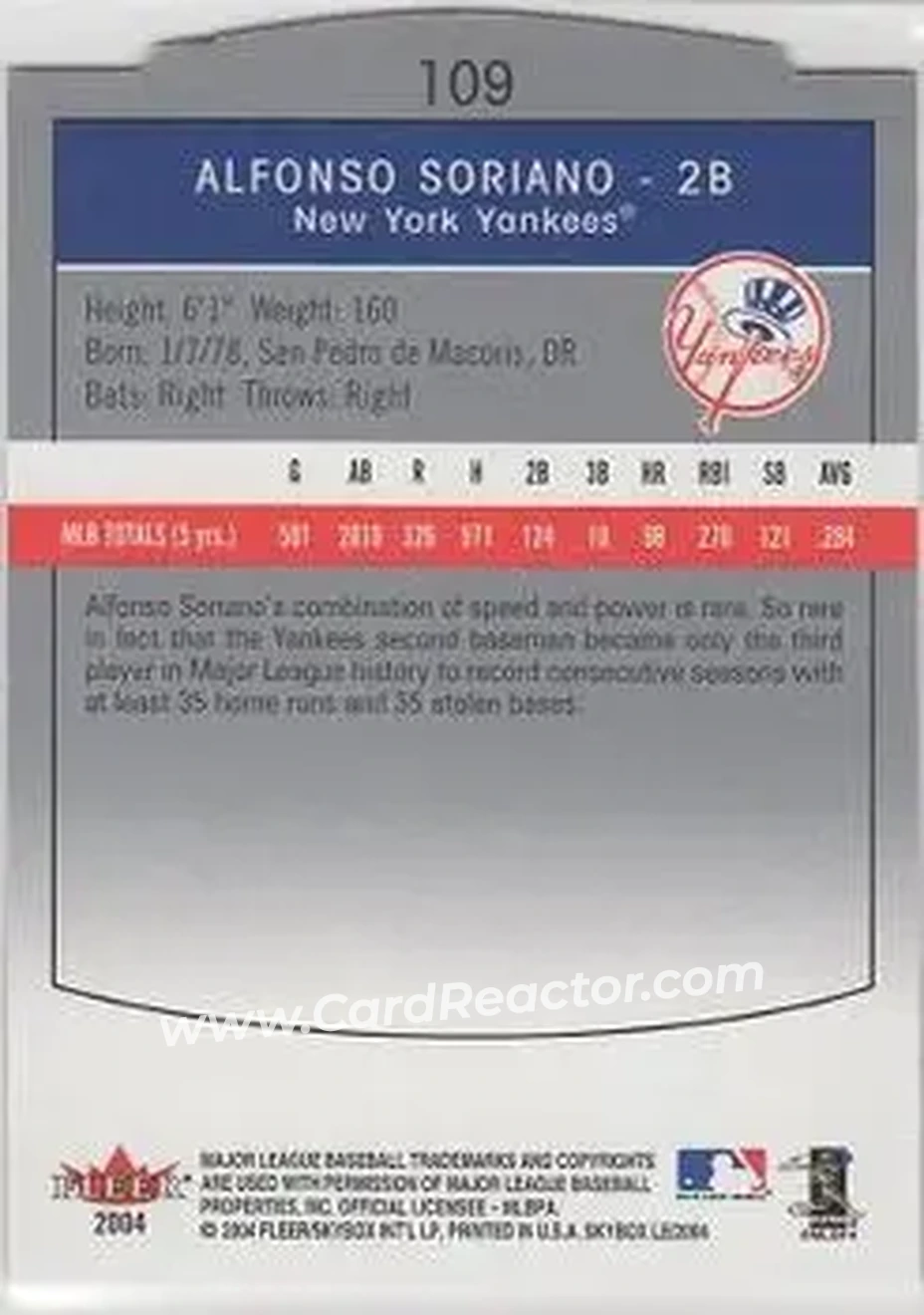 2004 SkyBox LE #109 - Alfonso Soriano - New York Yankees - Back
