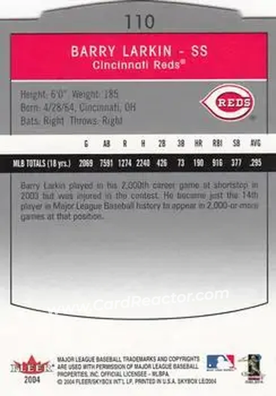 2004 SkyBox LE #110 - Barry Larkin - Cincinnati Reds - Back 2004 SkyBox LE #110 - Barry Larkin - Cincinnati Reds - Back