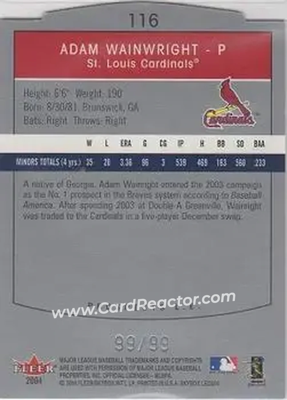 2004 SkyBox LE #116 - Adam Wainwright - St. Louis Cardinals - Back