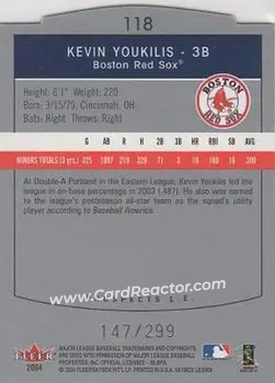 2004 SkyBox LE #118 - Kevin Youkilis - Boston Red Sox - Back