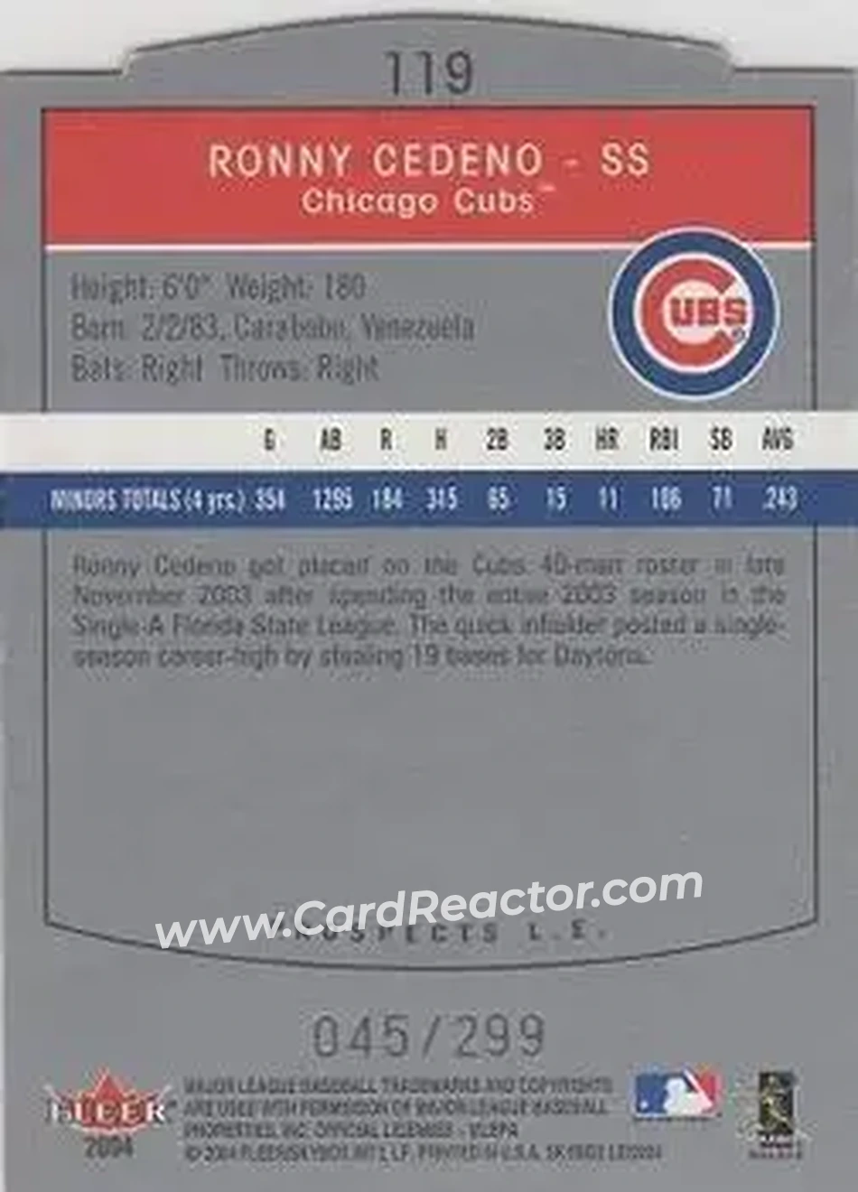 2004 SkyBox LE #119 - Ronny Cedeno - Chicago Cubs - Back