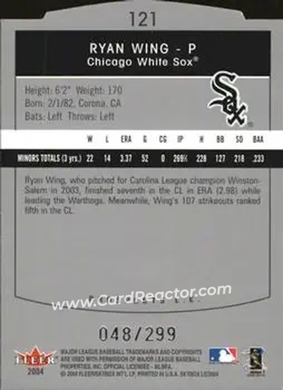2004 SkyBox LE #121 - Ryan Wing - Chicago White Sox - Back