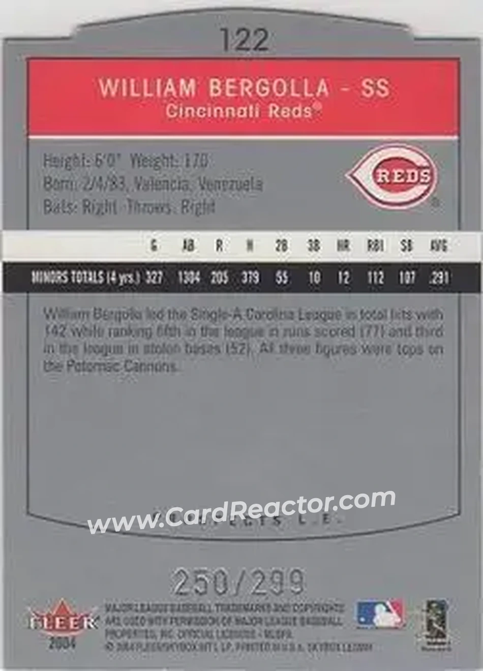 2004 SkyBox LE #122 - William Bergolla - Cincinnati Reds - Back