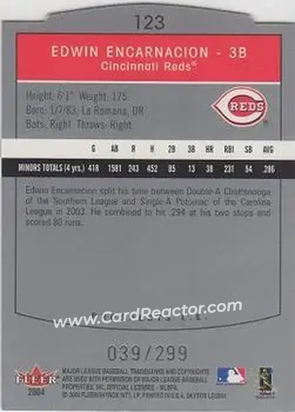 2004 SkyBox LE #123 - Edwin Encarnacion - Cincinnati Reds - Back 2004 SkyBox LE #123 - Edwin Encarnacion - Cincinnati Reds - Back