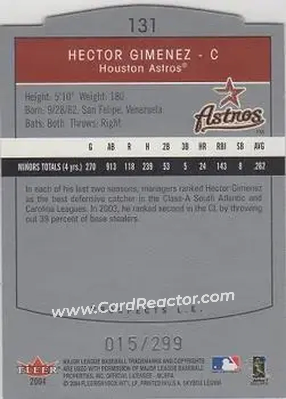2004 SkyBox LE #131 - Hector Gimenez - Houston Astros - Back