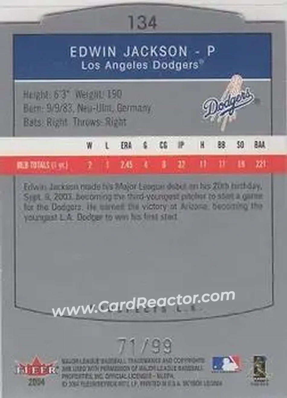 2004 SkyBox LE #134 - Edwin Jackson - Los Angeles Dodgers - Back 2004 SkyBox LE #134 - Edwin Jackson - Los Angeles Dodgers - Back