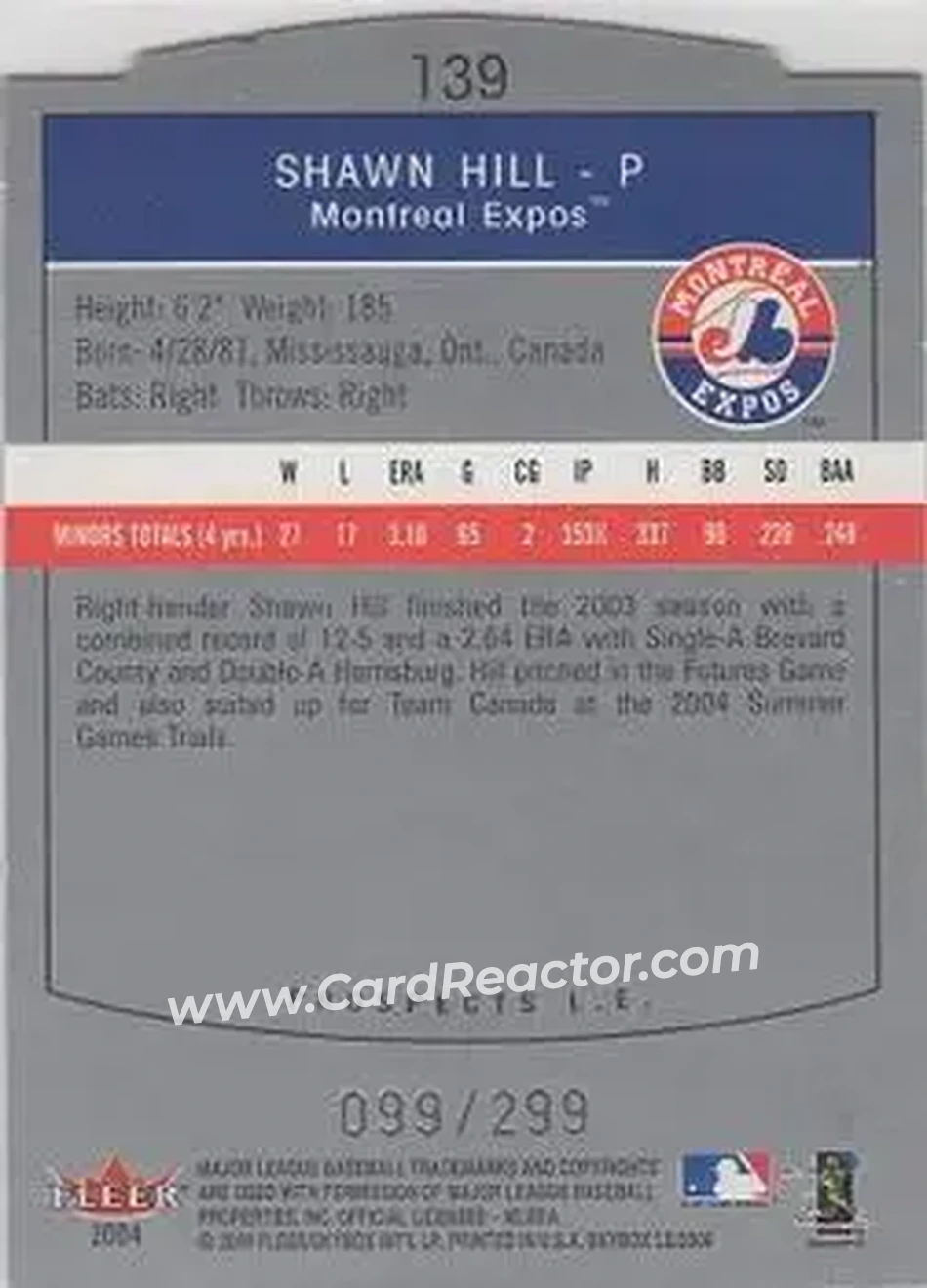 2004 SkyBox LE #139 - Shawn Hill - Montreal Expos - Back