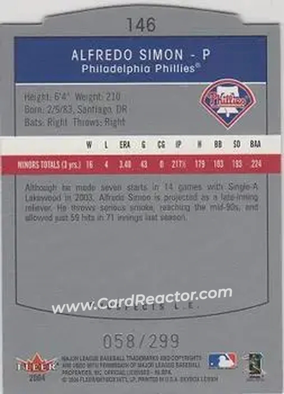 2004 SkyBox LE #146 - Alfredo Simon - Philadelphia Phillies - Back