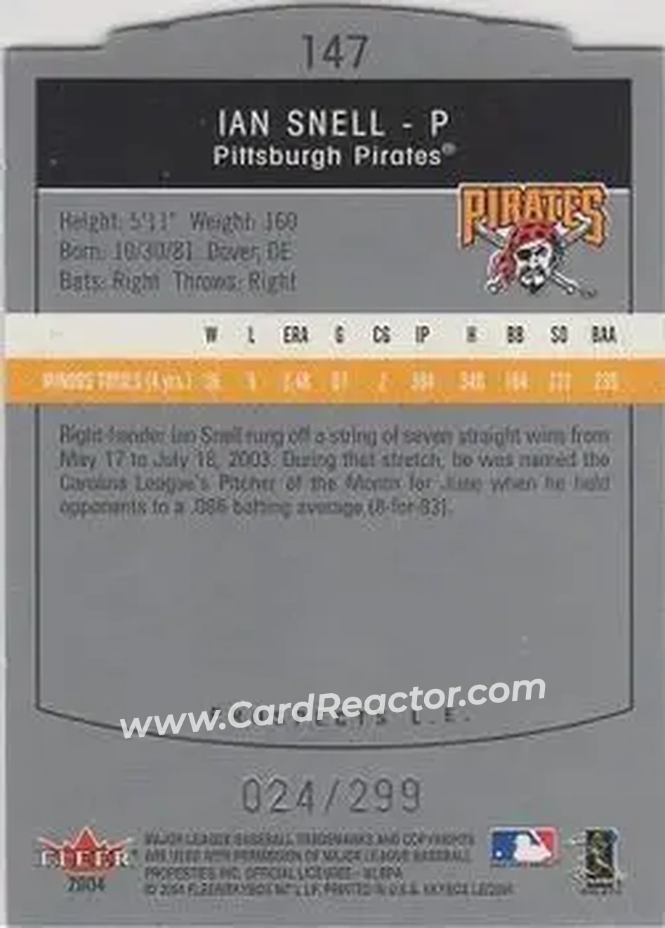 2004 SkyBox LE #147 - Ian Snell - Pittsburgh Pirates - Back