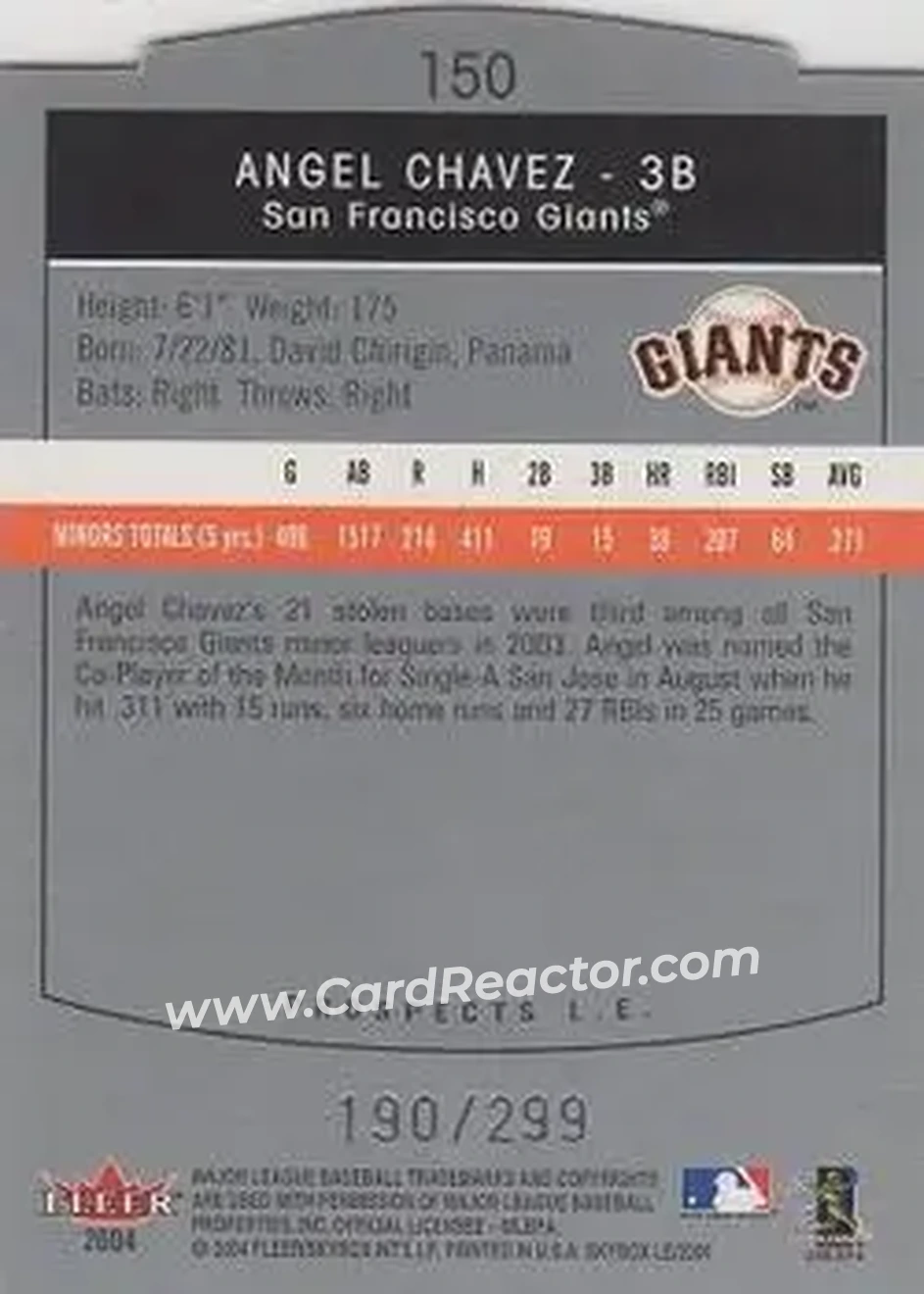 2004 SkyBox LE #150 - Angel Chavez - San Francisco Giants - Back