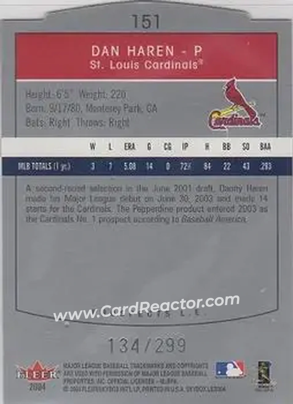 2004 SkyBox LE #151 - Dan Haren - St. Louis Cardinals - Back 2004 SkyBox LE #151 - Dan Haren - St. Louis Cardinals - Back