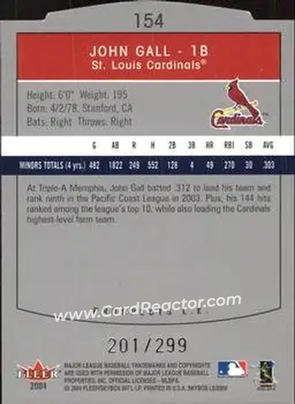 2004 SkyBox LE #154 - John Gall - St. Louis Cardinals - Back
