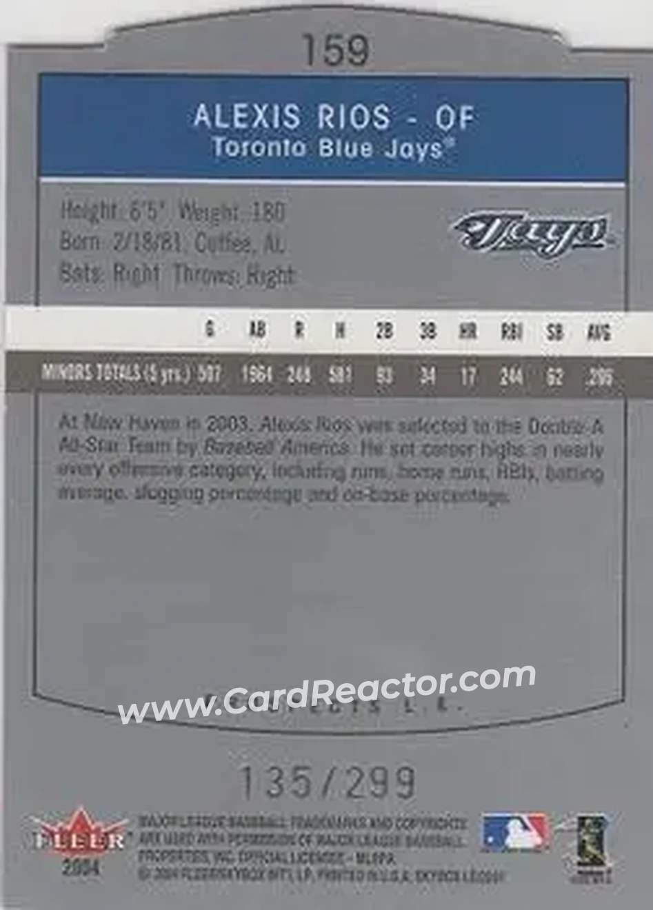 2004 SkyBox LE #159 - Alex Rios - Toronto Blue Jays - Back 2004 SkyBox LE #159 - Alex Rios - Toronto Blue Jays - Back