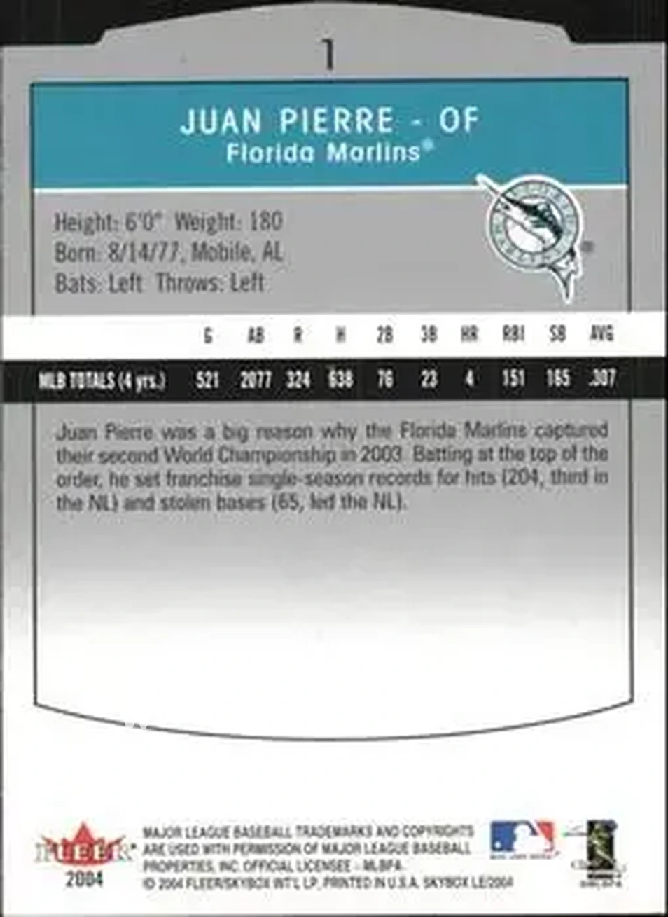 2004 SkyBox LE #1 - Juan Pierre - Florida Marlins - Back