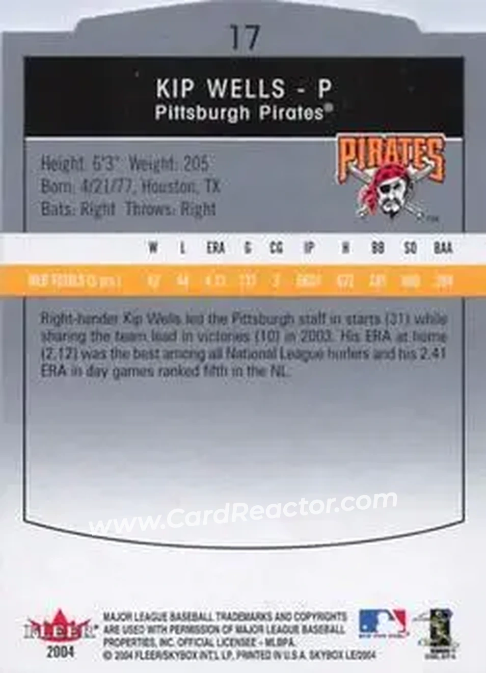 2004 SkyBox LE #17 - Kip Wells - Pittsburgh Pirates - Back