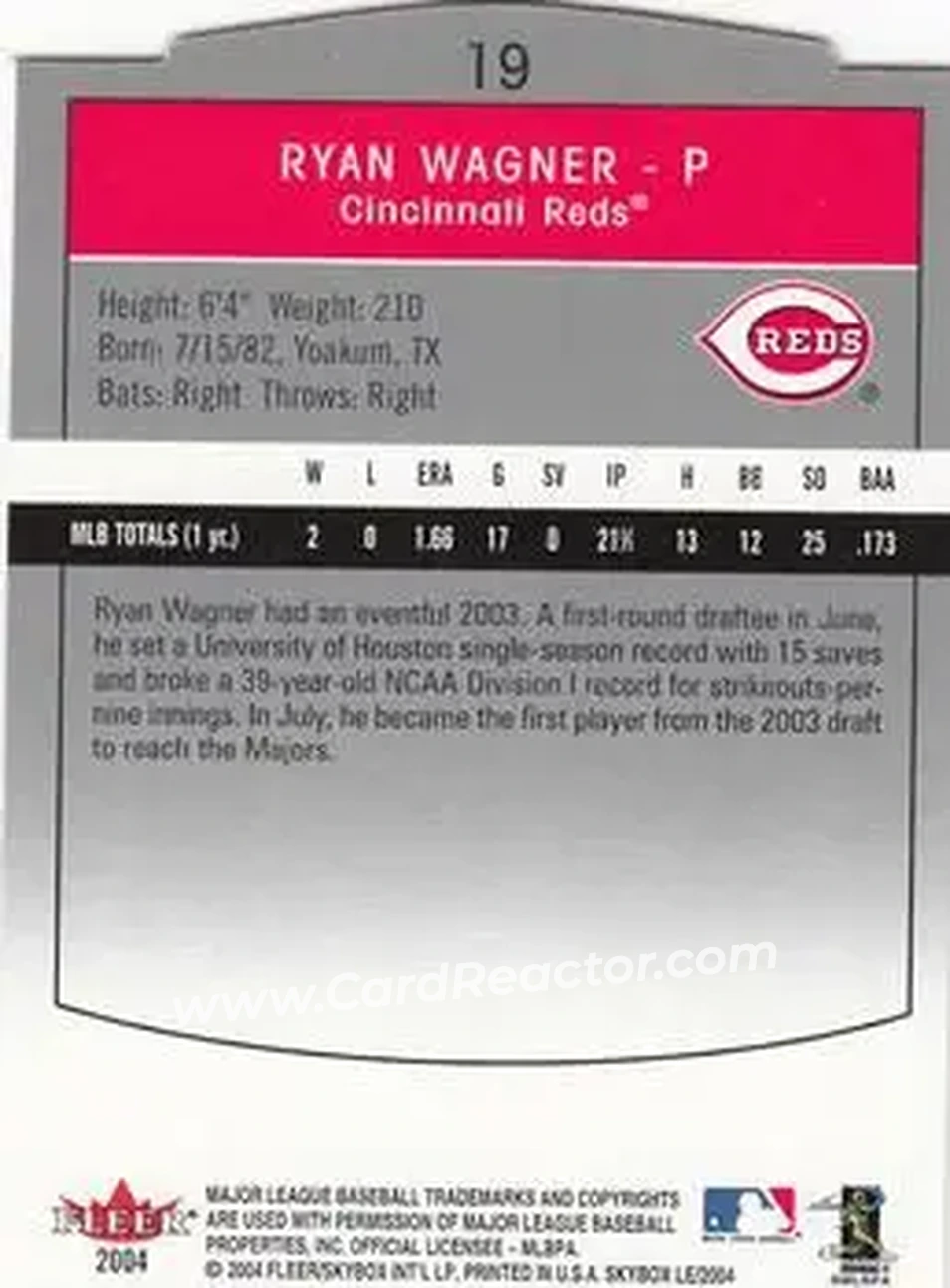 2004 SkyBox LE #19 - Ryan Wagner - Cincinnati Reds - Back