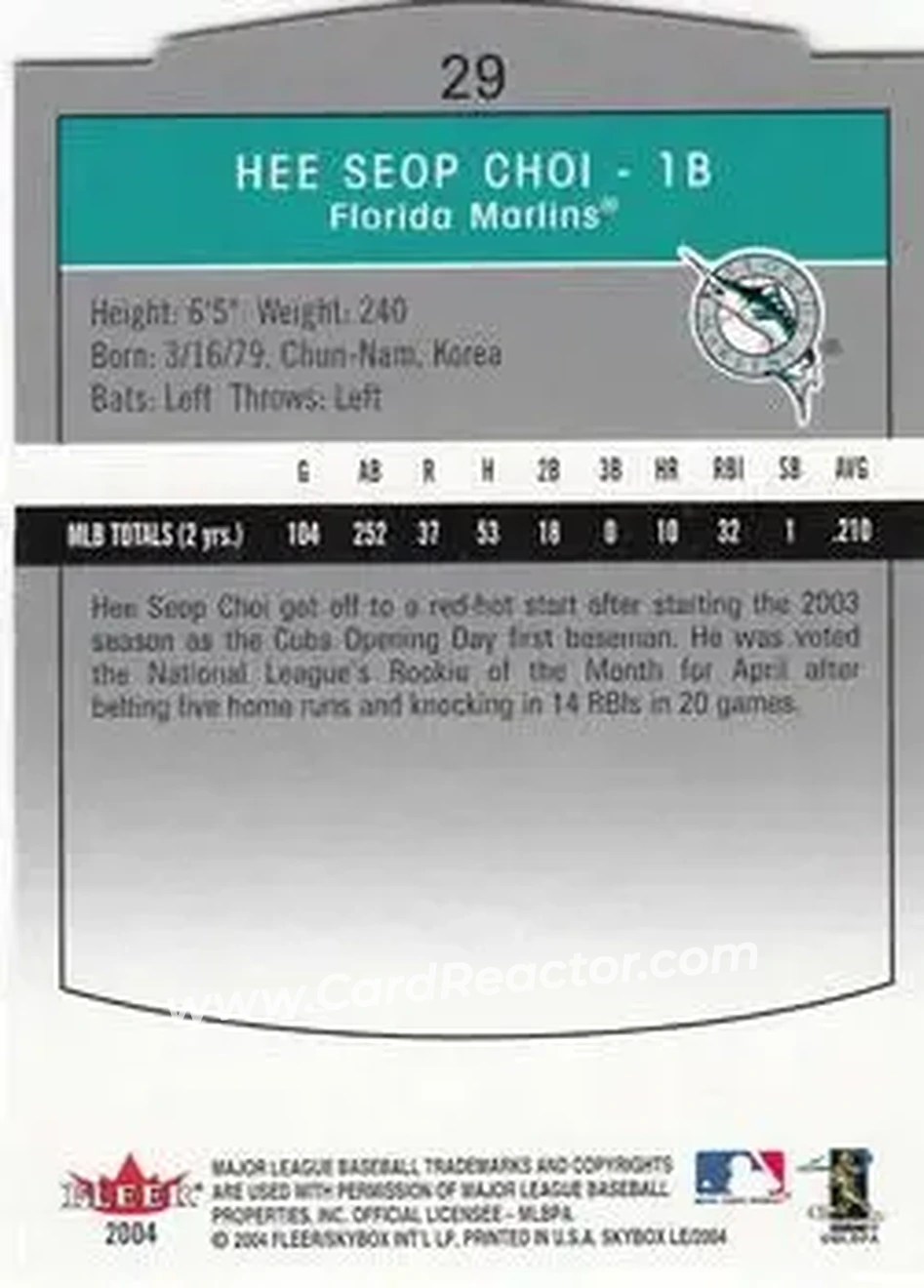 2004 SkyBox LE #29 - Hee Seop Choi - Florida Marlins - Back