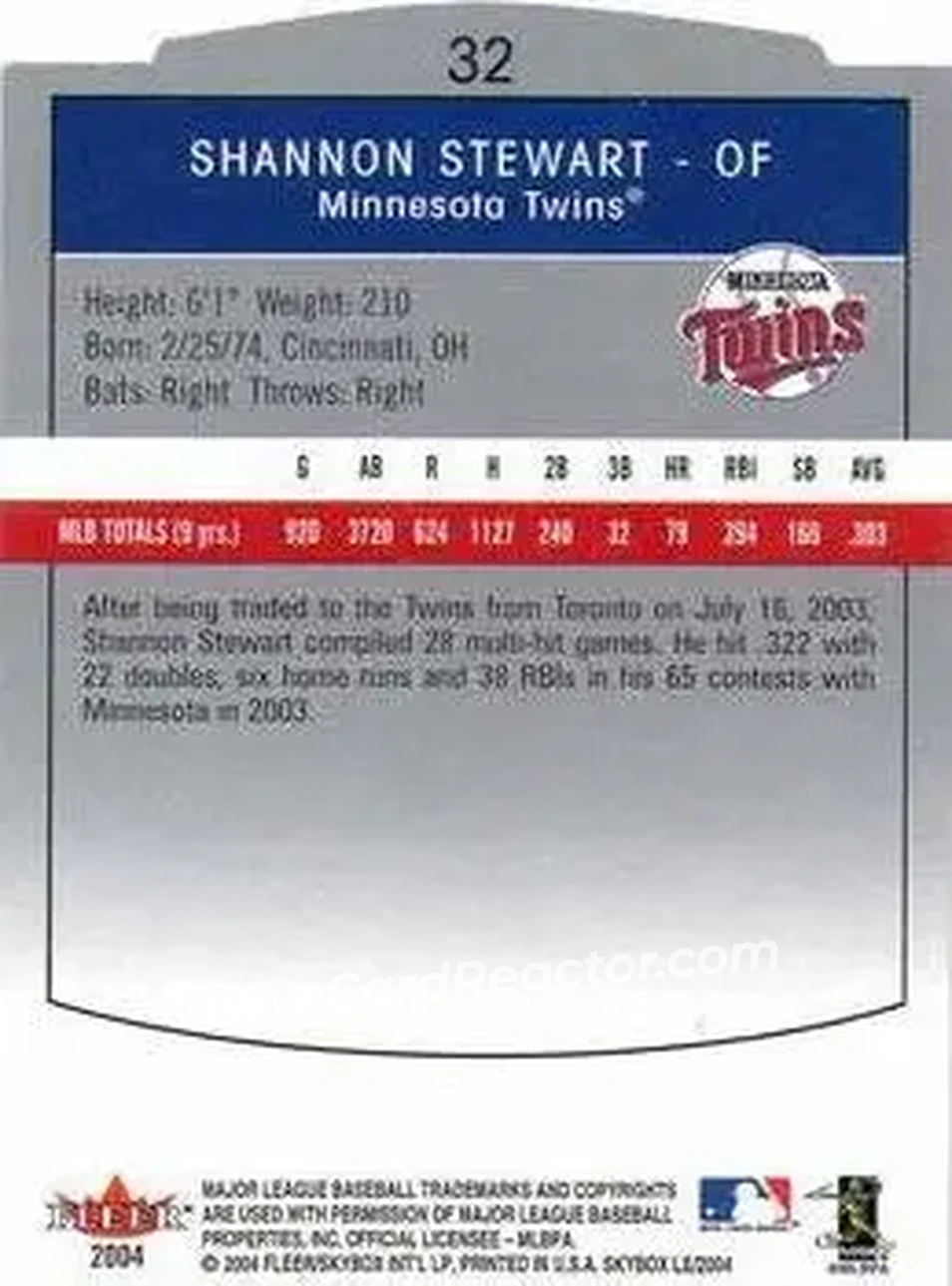2004 SkyBox LE #32 - Shannon Stewart - Minnesota Twins - Back