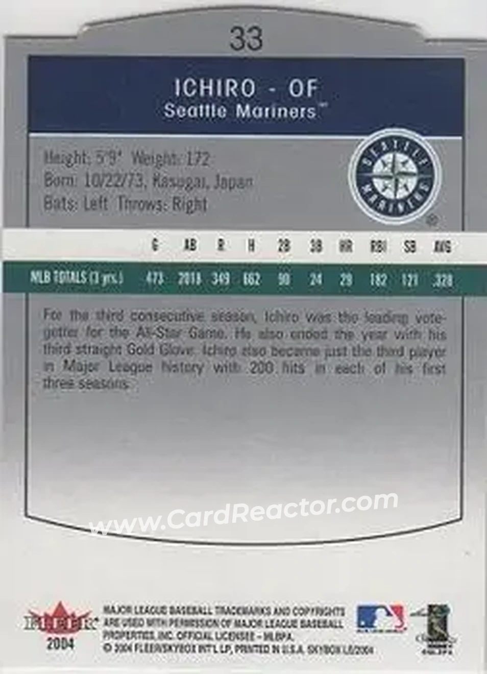 2004 SkyBox LE #33 - Ichiro - Seattle Mariners - Back 2004 SkyBox LE #33 - Ichiro - Seattle Mariners - Back