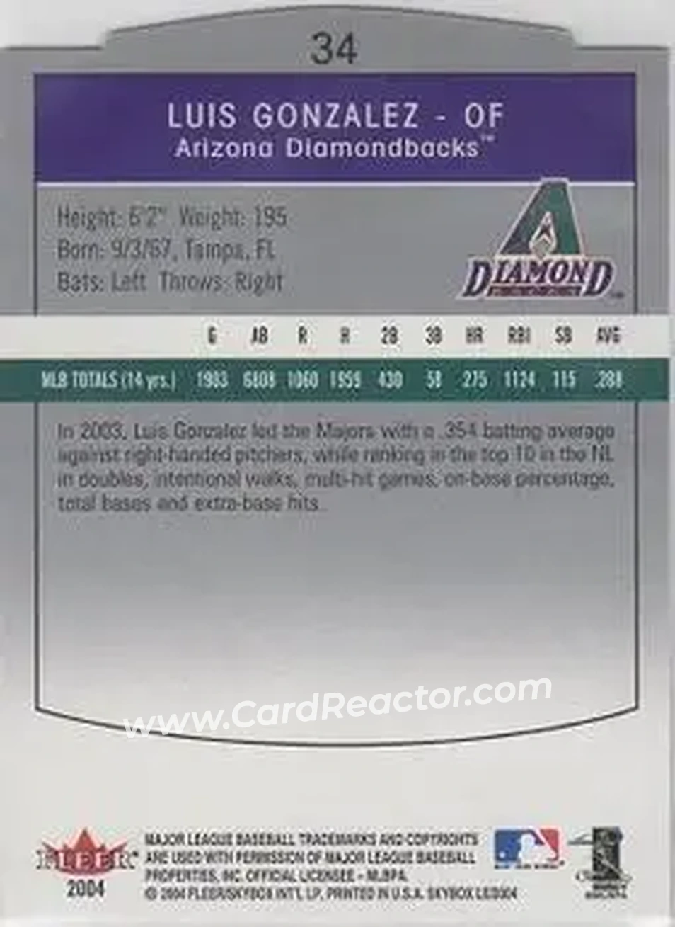 2004 SkyBox LE #34 - Luis Gonzalez - Arizona Diamondbacks - Back