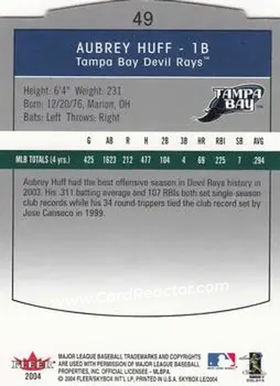 2004 SkyBox LE #49 - Aubrey Huff - Tampa Bay Devil Rays - Back