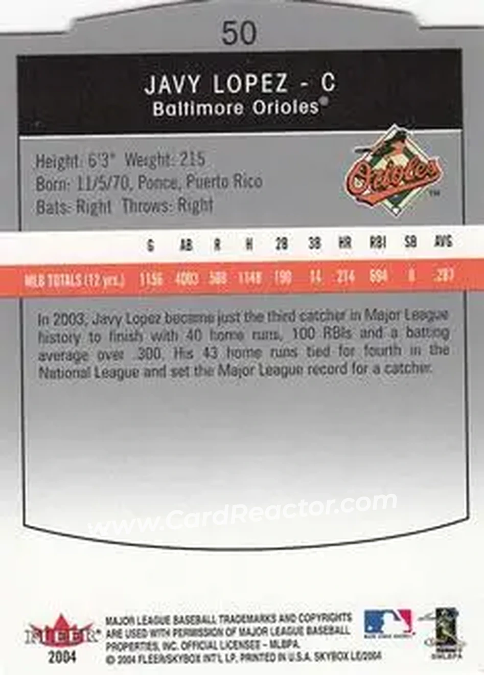 2004 SkyBox LE #50 - Javier Lopez - Baltimore Orioles - Back