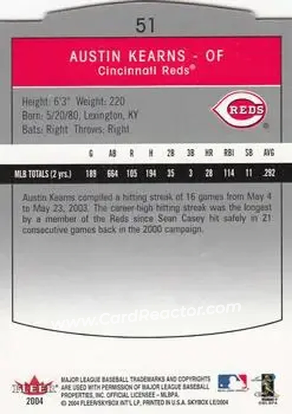 2004 SkyBox LE #51 - Austin Kearns - Cincinnati Reds - Back