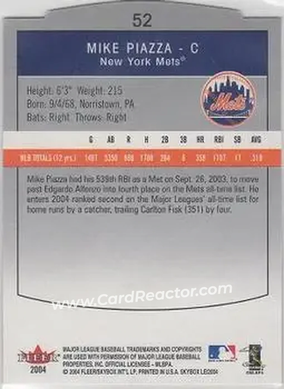 2004 SkyBox LE #52 - Mike Piazza - New York Mets - Back 2004 SkyBox LE #52 - Mike Piazza - New York Mets - Back