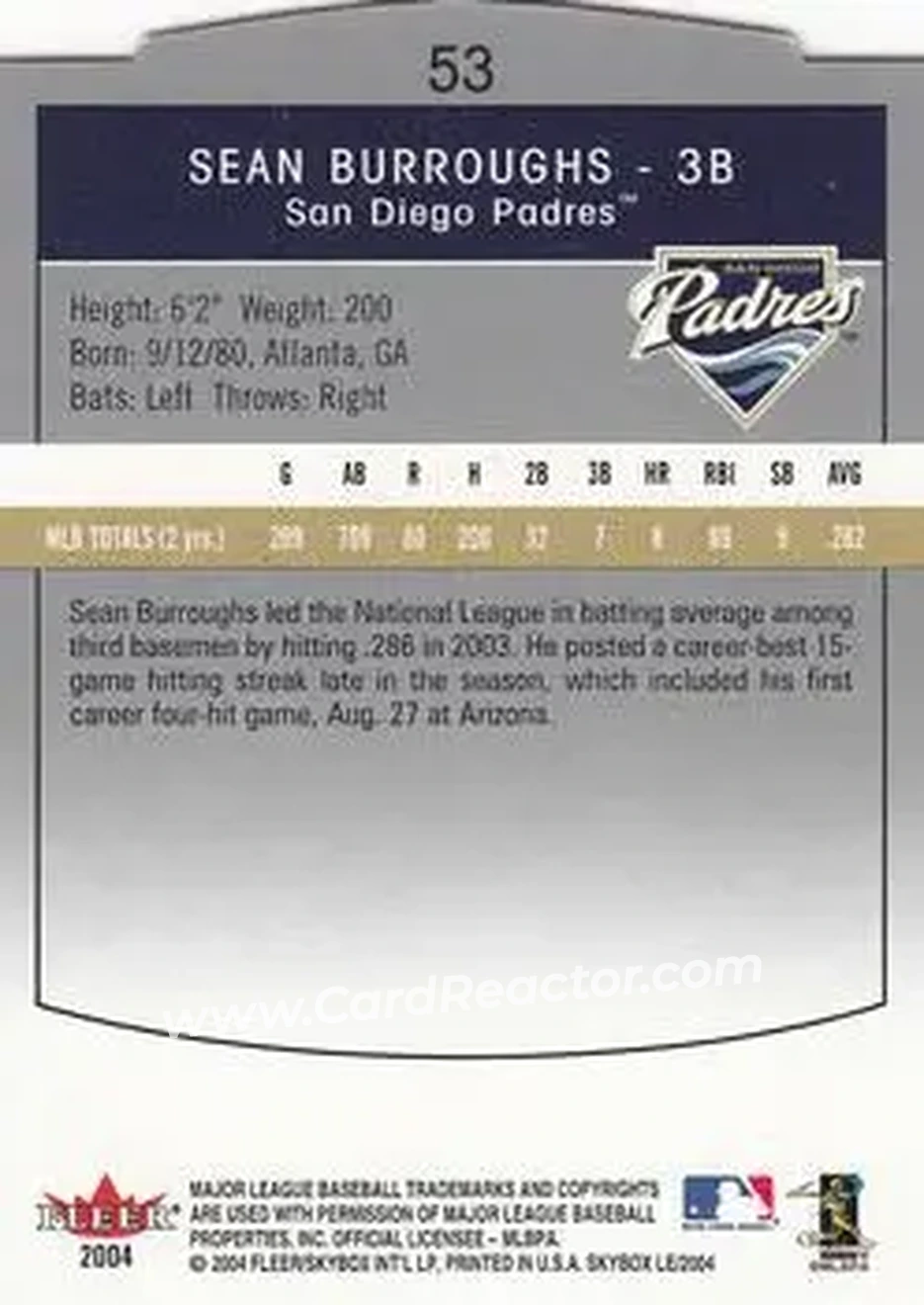 2004 SkyBox LE #53 - Sean Burroughs - San Diego Padres - Back