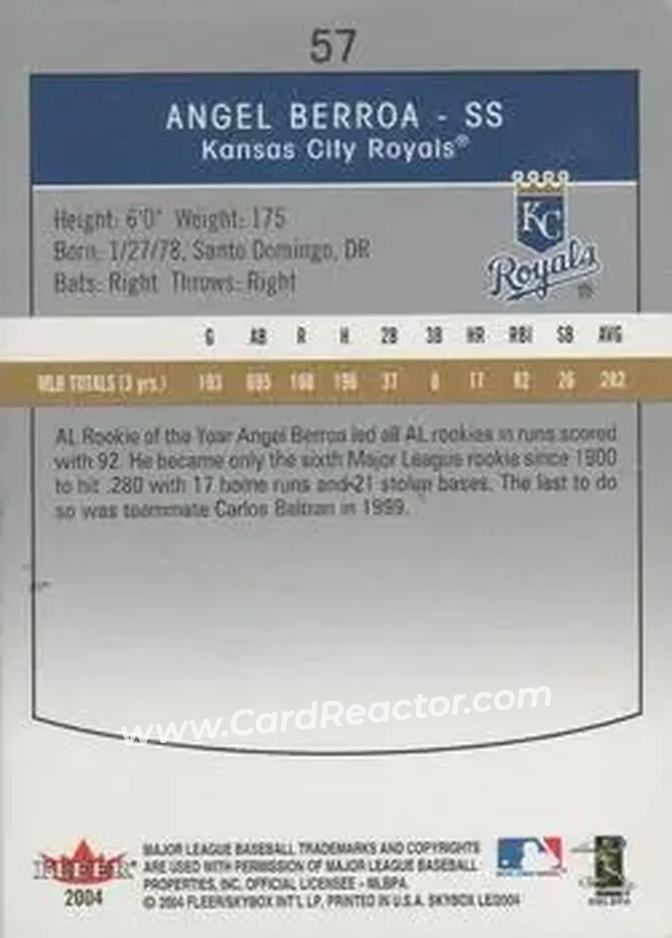 2004 SkyBox LE #57 - Angel Berroa - Kansas City Royals - Back